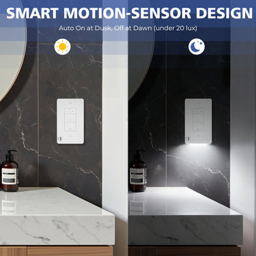 Bathroom vanity with motion-sensor light switch on a marble wall, showing auto-on/auto-off functionality.