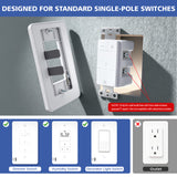 Wall switch adapter with installation instructions and compatibility guide on a gray background