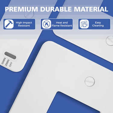 Blue and white light switch with durability features highlighted