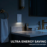 Bathroom sink area with a light fixture labeled 'Ultra Energy Saving' on a dark blue wall.