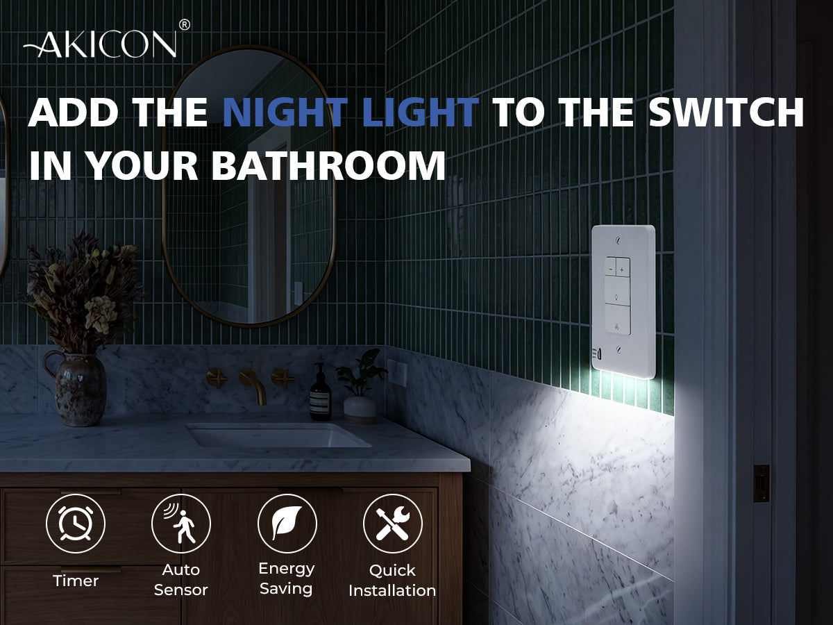 Bathroom setting with a night light switch on the wall, featuring Akicon branding.