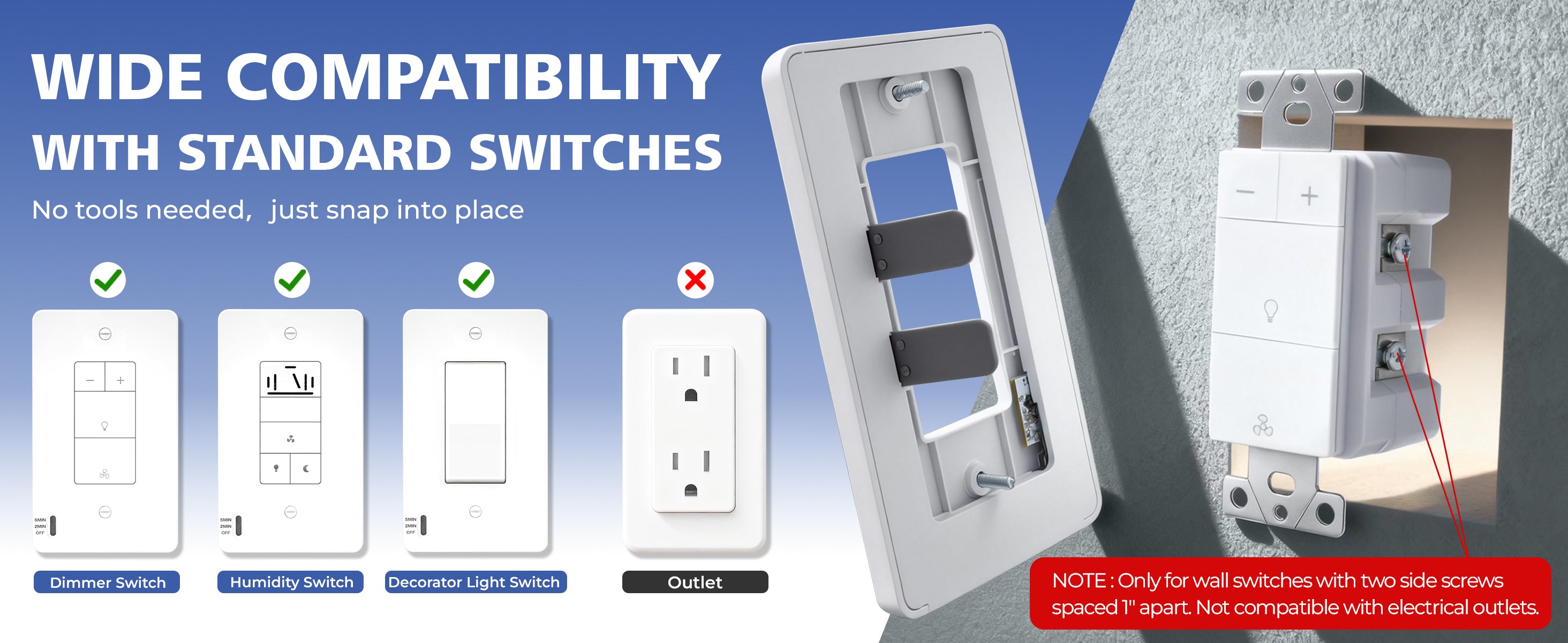 Switches and outlets with compatibility text on a blue background