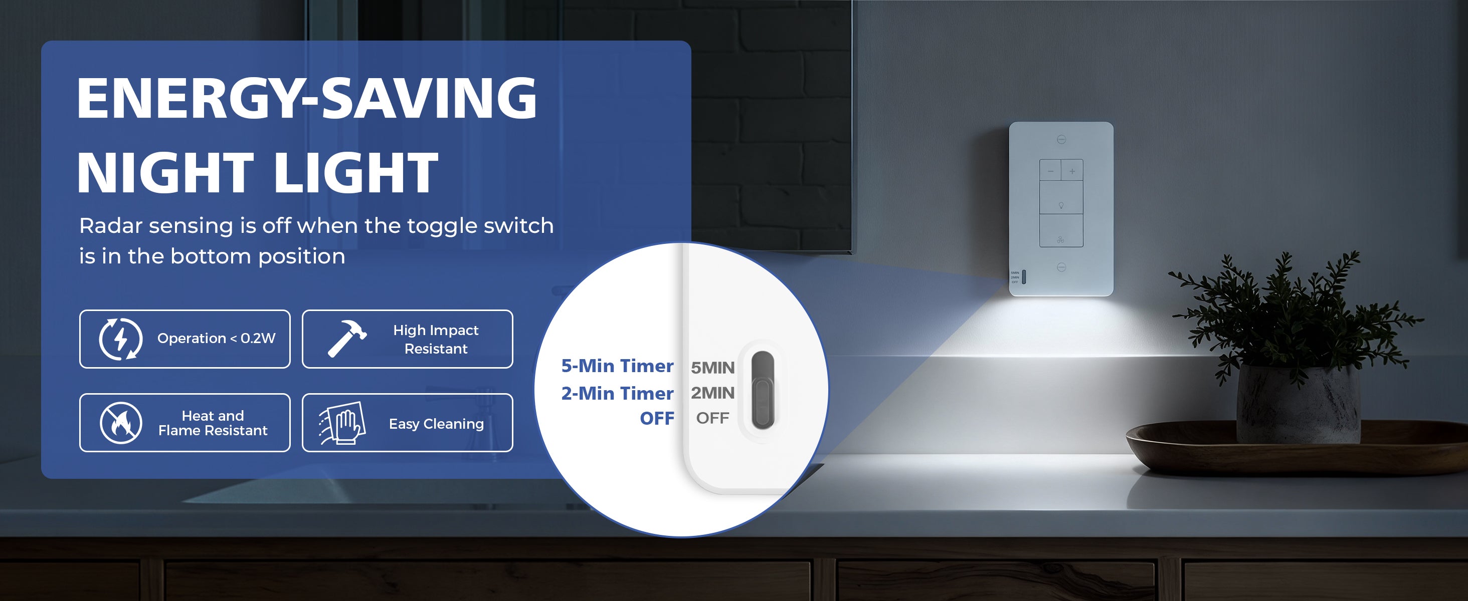 Energy-saving night light with timer options on a dark background