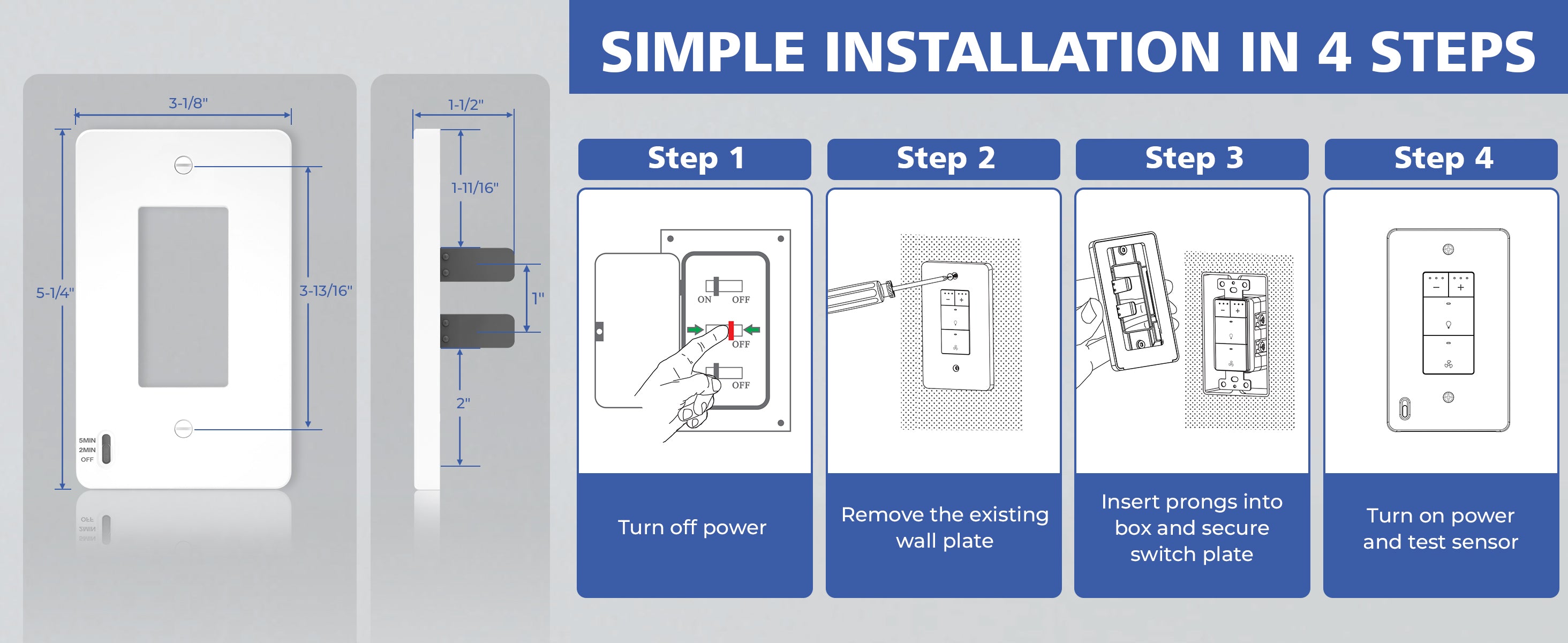 Step-by-step installation guide for a light switch with labeled steps and illustrations.
