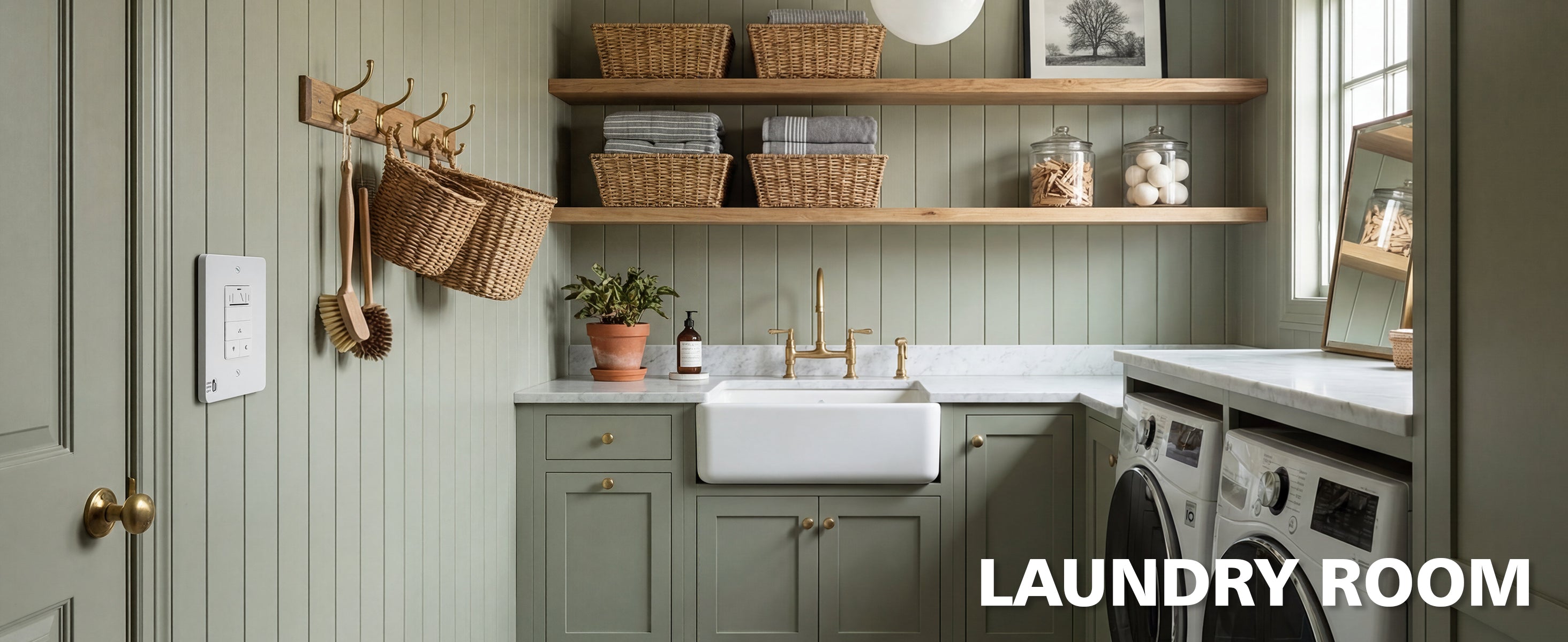 Laundry room with shelves, baskets, and washing machines.