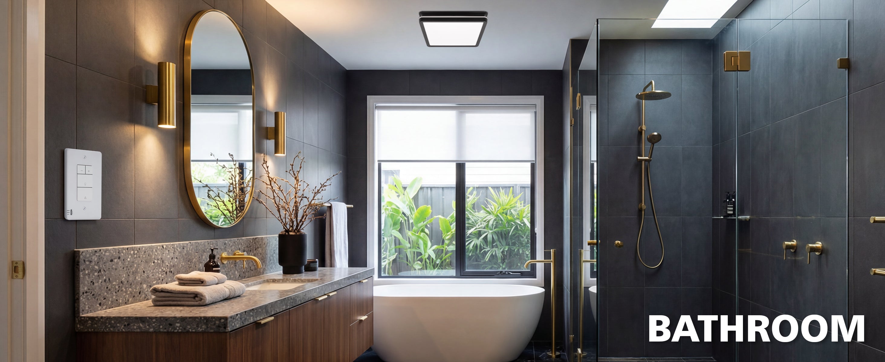 Modern bathroom with a bathtub, sink, and large window.
