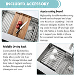 Acacia cutting board and foldable drying rack with text on a white background