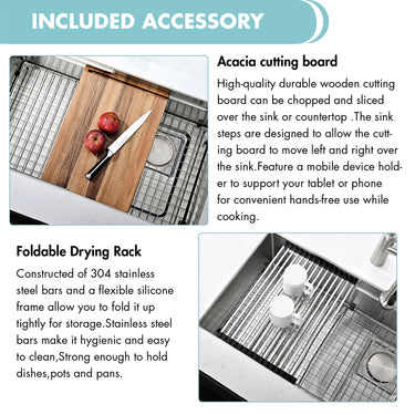 Acacia cutting board and foldable drying rack with text on a white background