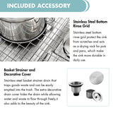 Stainless steel bottom rinse grid and basket strainer with decorative cover for kitchen sink.