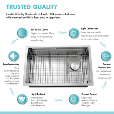 Stainless steel sink with features highlighted on a white background