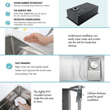 Features of a kitchen sink with text describing its design and benefits.