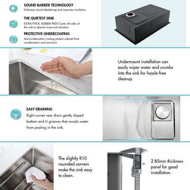 Features of a kitchen sink with text describing its design and benefits.