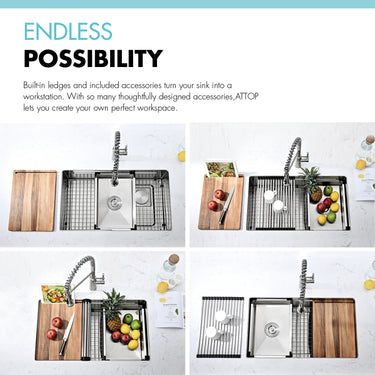 Kitchen sink with various accessories and fruits on a white background, emphasizing 'Endless Possibility'.