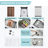 Kitchen workstation accessories including a cutting board, movable bars, drying rack, basket strainer, and drain cover.