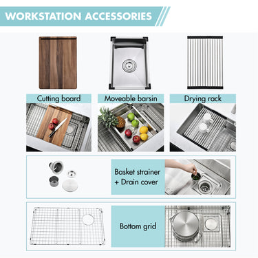 Kitchen workstation accessories including a cutting board, movable bars, drying rack, basket strainer, and drain cover.
