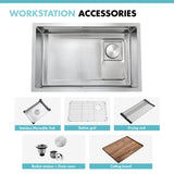 Stainless steel workstation accessories including a sink, grid, drying rack, and cutting board on a white background.