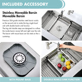 Stainless steel movable bar sink with text describing its features and functions.