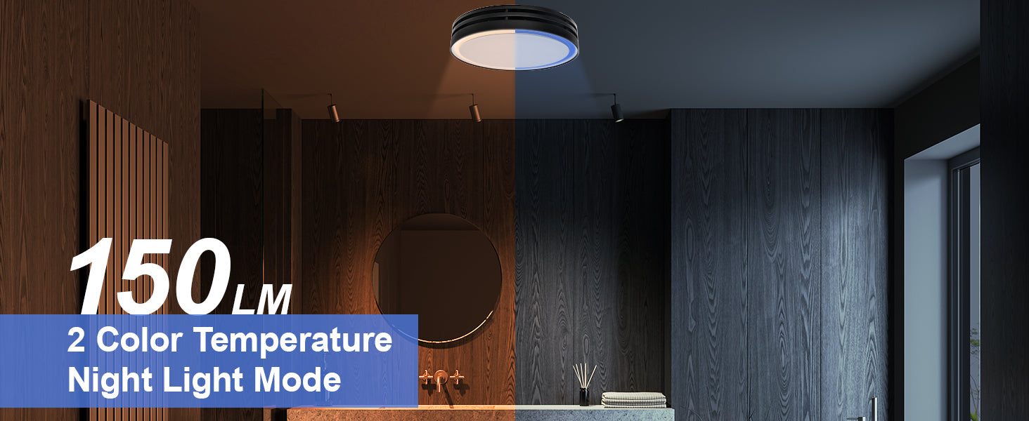 Ceiling light fixture in a room with text indicating 150 LM, 2 color temperature modes, and night light mode.