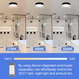 Bathroom scene with three light settings labeled 2700K, 4000K, and 5500K, featuring a control switch for lighting adjustment.