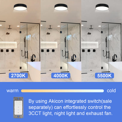 Bathroom scene with three light settings labeled 2700K, 4000K, and 5500K, featuring a control switch for lighting adjustment.