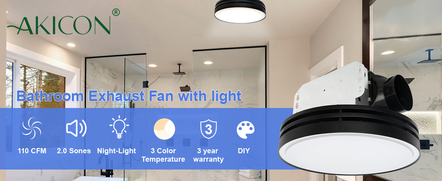 Bathroom exhaust fan with light by Akicon, featuring product features on a blue banner.