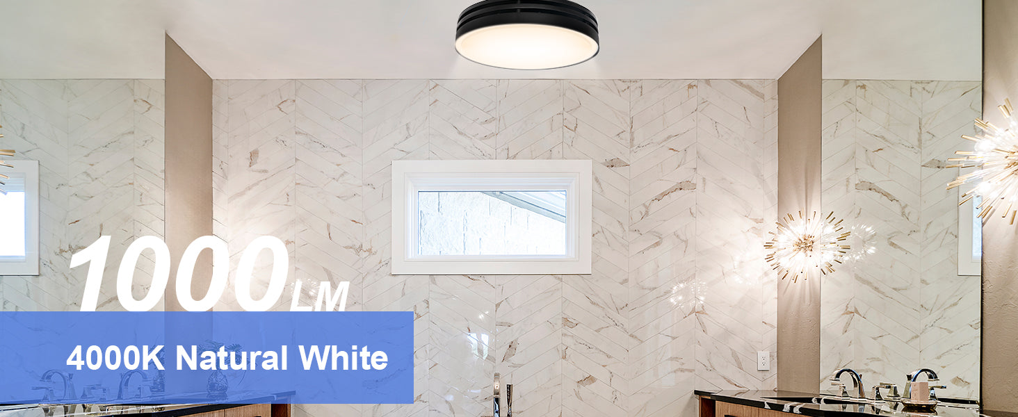 Bathroom interior with marble walls and lighting fixtures, featuring text about light output and color temperature.