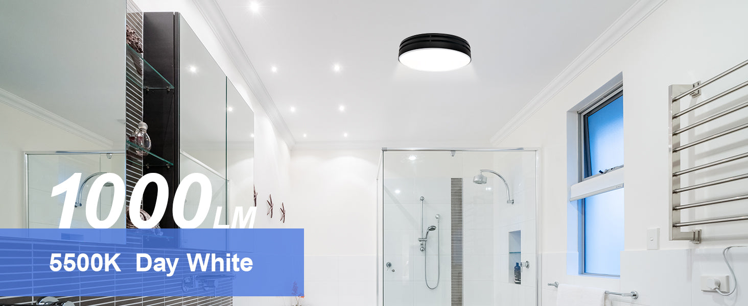 Modern bathroom with shower setup, light fixture, and text indicating lighting specifications.