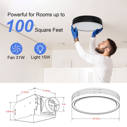 Person installing a ceiling light fixture with specifications and diagrams on a white background