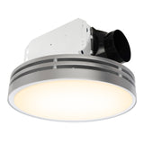 Ceiling light fixture with white shade and silver metal trim on a white background