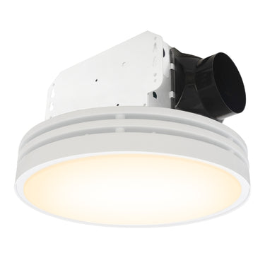 Ceiling light fixture with white shade and black exhaust vent on a white background