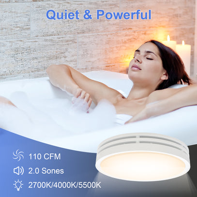 Woman relaxing in a bubble bath with a light fixture labeled 'Quiet & Powerful' in the foreground.
