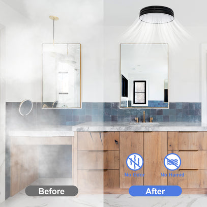 Bathroom transformation showing 'Before' and 'After' with improved ventilation system.