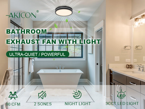 Bathroom with a bathtub and text about an Akicon bathroom exhaust fan with light.