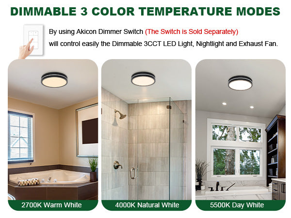 Advertisement for a dimmable 3 color temperature mode LED light with examples in different rooms.