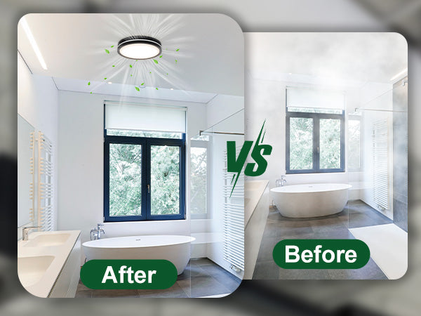 Bathroom transformation before and after with a 'vs' label and 'After' and 'Before' labels.