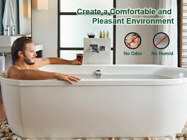 Man relaxing in a bathtub with text promoting a comfortable and pleasant environment.