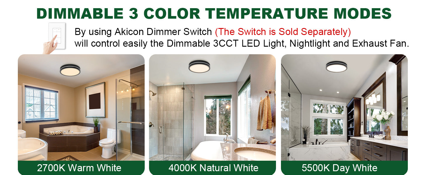 Advertisement for a dimmable 3 color temperature LED light system with images of a bathroom and living room.