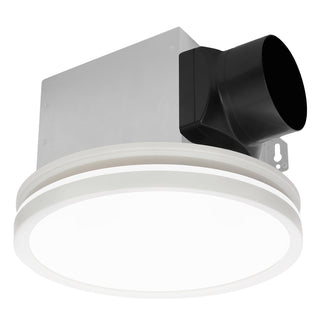 Ceiling-mounted exhaust fan with black duct and white housing on a white background