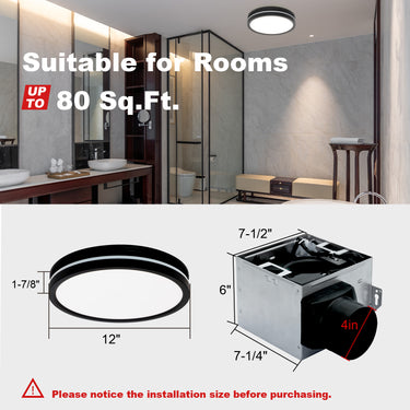 Ceiling light fixture with dimensions and suitability for rooms up to 80 Sq.Ft. shown in a bathroom setting.