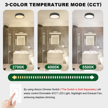 Bathroom scene with three different color temperature modes displayed on a control panel.