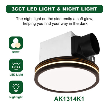 Ceiling light fixture with 3CCT LED light and night light feature, labeled AK1314K1.