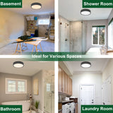 Collage of a basement, shower room, bathroom, and laundry room with lighting fixtures.