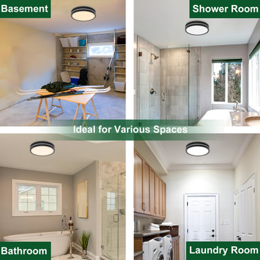 Collage of a basement, shower room, bathroom, and laundry room with lighting fixtures.