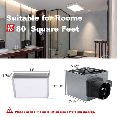 Ventilation system suitable for rooms up to 80 square feet with dimensions and installation warning.