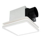 Ceiling-mounted air vent with white square design and black duct on a white background