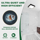Bathroom with a shower and toilet, featuring text about ultra quiet and high efficient motor.