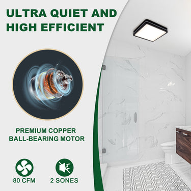 Bathroom with a shower and toilet, featuring text about ultra quiet and high efficient motor.