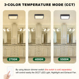 Three images showing different color temperature modes of a light fixture in a bathroom setting.