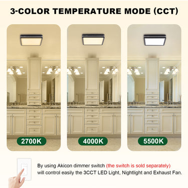 Three images showing different color temperature modes of a light fixture in a bathroom setting.