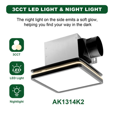 Ceiling light fixture with 3CCT LED light and night light feature, labeled AK1314K2.